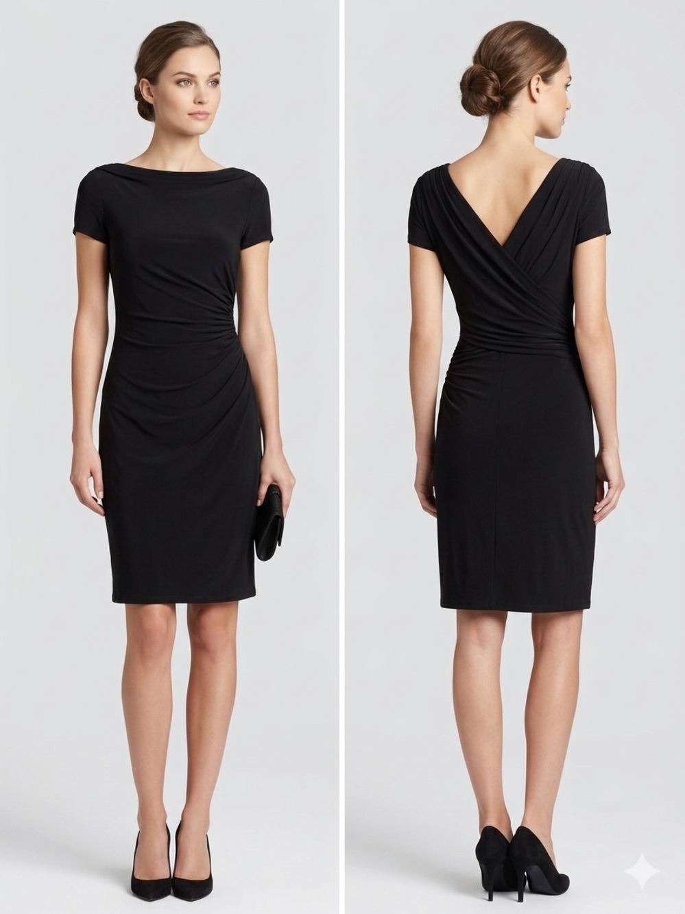 David Meister Black Short-Sleeve Ruched Mini Dress with Plunge V Back